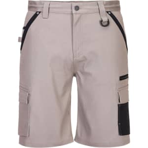 Slim fit work shorts in a light grey shade, featuring multiple pockets and a logo detail.