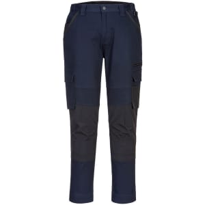 Navy blue pants with grey accents, featuring multiple pockets and a fitted design, displayed against a plain background.