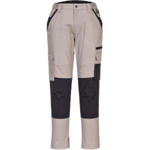 Ladies trade work pants in beige and black, featuring multiple pockets and a logo. Suitable for workwear.