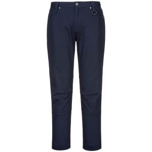 Slim fit work pants in navy blue, featuring a classic design and a logo on the waistband.
