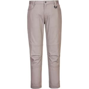 Slim fit work pants in a light beige colour, featuring pockets and a logo. Ideal for professional wear.