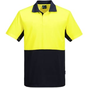 A Hi-Vis polo shirt featuring a bright yellow front and navy blue side panels, with a collar and branding.