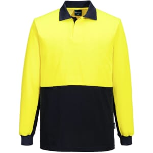 A long-sleeve polo shirt featuring high-visibility yellow and navy colours, with a logo on the label.