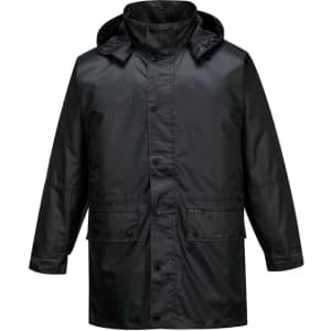 A black rain jacket featuring a hood and button closure, with two front pockets and a branded logo.