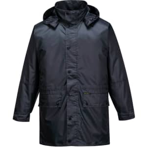 A black rain jacket featuring a hood and button-up front, with pockets and a logo.