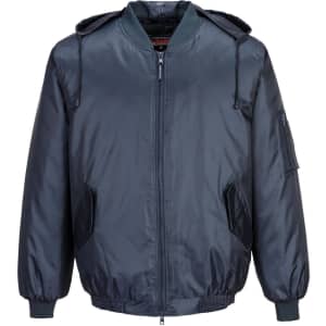 A bomber jacket in dark navy with a zip front, side pockets, and an adjustable hood. It features elasticated cuffs.