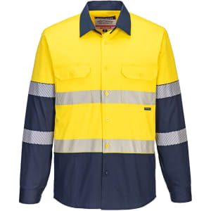 A button-up shirt featuring a yellow upper section and navy blue sleeves, with reflective tape detail and a logo.