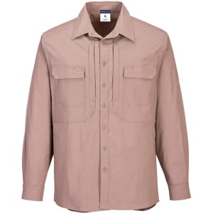 A long-sleeve, beige work shirt with two chest pockets and a branding logo. Suitable for workwear purposes.