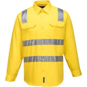 A bright yellow button-up shirt with reflective silver stripes and two chest pockets, featuring a logo on the front.