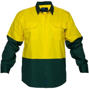 A long-sleeved work shirt in yellow and green, featuring button front and chest pockets, with a logo present.