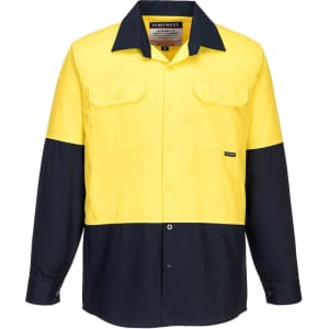 A lightweight long-sleeve shirt in bright yellow and navy, featuring two front pockets and a logo on the side.