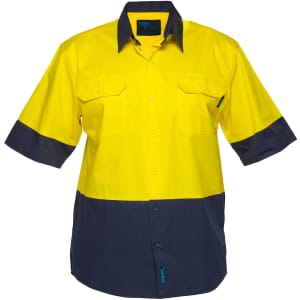A short-sleeved shirt in safety yellow and navy, featuring two chest pockets and a logo. Ideal for workwear.