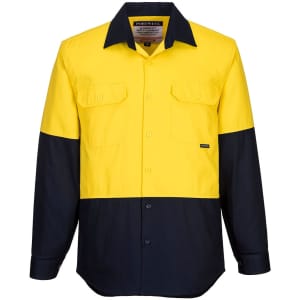 A long-sleeve work shirt in high-visibility yellow and dark navy, featuring two chest pockets and a logo.