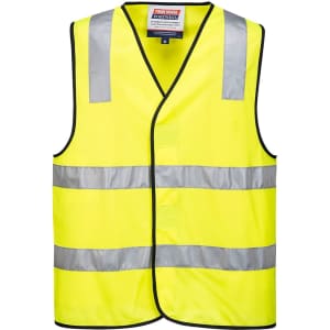 A bright yellow Hi-Vis vest featuring reflective stripes and a logo. It is designed for safety wear.