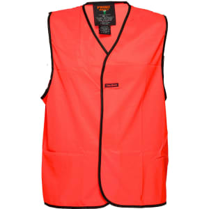 A bright orange hi-vis vest with black trim and a logo, designed for workwear use.