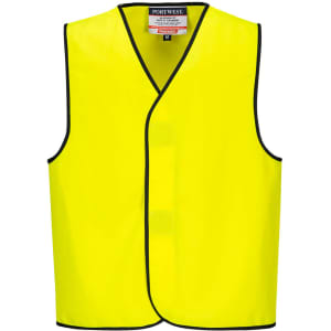 A bright yellow hi-vis vest with a black trim and a front fastening, designed for visibility and safety.
