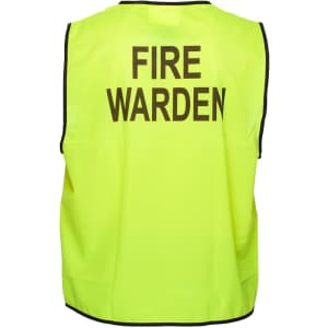 A bright yellow vest with black trim, featuring the text "FIRE WARDEN" on the back.
