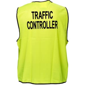 A bright yellow traffic control vest with black edging and a logo, featuring the words "TRAFFIC CONTROLLER" on the back.