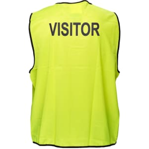 A high-visibility vest in neon yellow, featuring a logo, designed for visitor identification.