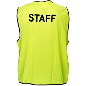 A hi-visibility vest in bright yellow with black trim and "STAFF" text on the back. It features a logo.