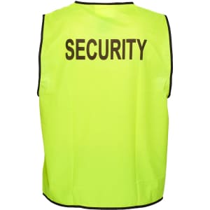 A bright yellow hi-vis security vest with black trim and a logo, designed for safety wear.