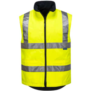 A reversible bodywarmer in high-visibility yellow with reflective stripes and a black inner lining. It features a logo.