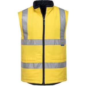 A reversible bodywarmer in bright yellow with reflective stripes and a zip front. It features a navy interior.