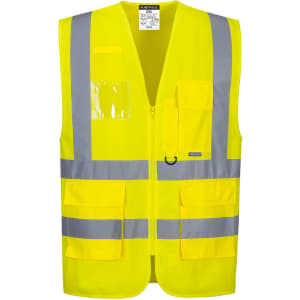 A high-visibility yellow vest with reflective strips and several pockets. It features a front zip and has a logo.