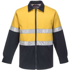 A wool blend jacket featuring blue and yellow colours with reflective stripes and pockets. It has a zip front and a collar.