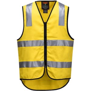 A bright yellow hi-vis vest featuring reflective stripes and a front zipper, designed for workwear.
