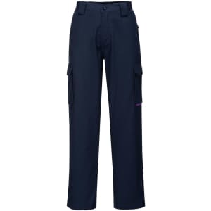 Navy flame retardant cargo pants with multiple side pockets and a logo on the front.