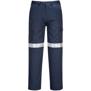 Navy cargo pants featuring reflective stripes and a side pocket, with a logo on the waistband.