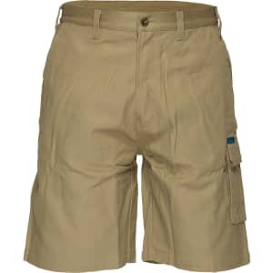 Khaki cotton cargo shorts with multiple pockets and a logo, featuring a classic fit and sturdy material.