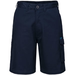 Navy blue cotton cargo shorts with a side pocket and a button closure. Features a logo on the waistband.