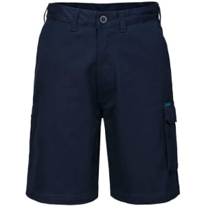 Navy cotton cargo shorts featuring multiple pockets and a button closure. Includes a logo on the side.