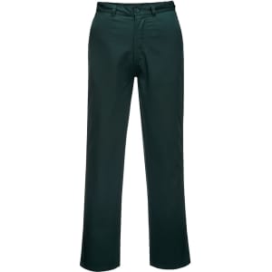 Lightweight work pants in dark green, featuring a classic design and a waistband with a button closure.