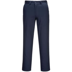 Lightweight work pants in navy blue with a straight leg design and a logo.