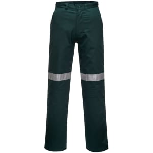 Dark green work pants featuring reflective stripes, designed for safety and durability in work environments.