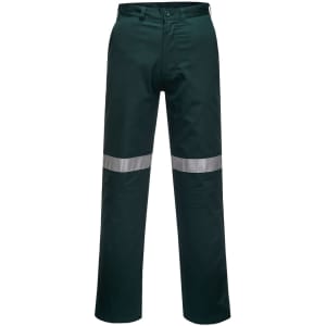 Work pants in dark green with reflective silver stripes, featuring a classic fit and a waistband with belt loops.