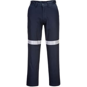 Navy work pants with a reflective strip across the legs and a waistband, featuring a logo.