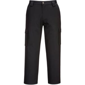 Lightweight black cargo pants with side pockets, featuring a button closure and a subtle logo.