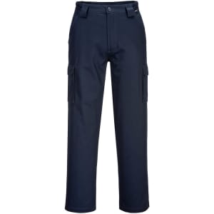 Lightweight cargo pants in navy blue with side pockets and a front button closure. Features a logo on the waistband.