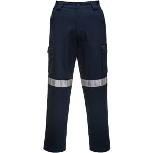 Cargo pants in navy blue featuring reflective tape strips and side pockets, with a logo on one leg.
