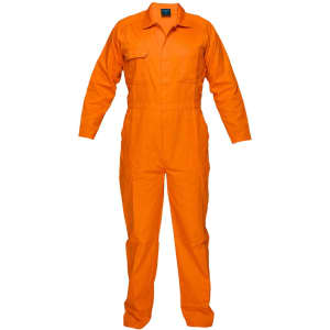An orange lightweight coverall with long sleeves and multiple pockets, featuring a logo. Ideal for workwear.
