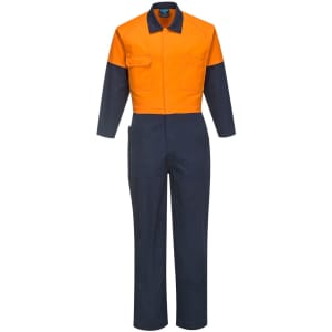 A cotton coverall in orange and navy blue, featuring long sleeves and multiple pockets. Includes a logo.