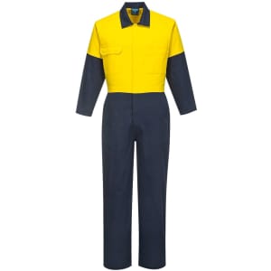 A cotton coverall in yellow and navy blue, featuring long sleeves and a front pocket, with a logo on the chest.
