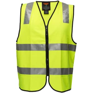 A high-visibility yellow zip vest featuring reflective strips, designed for safety wear. It includes a logo on the label.