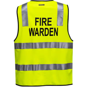 A fluorescent yellow vest with reflective strips and a logo, labelled "FIRE WARDEN" on the back.
