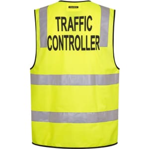 A bright yellow traffic control vest featuring reflective stripes and text. The vest has a branding logo.