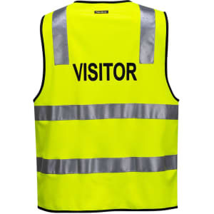 A fluorescent yellow work vest featuring reflective strips and a logo, labelled for visitors.